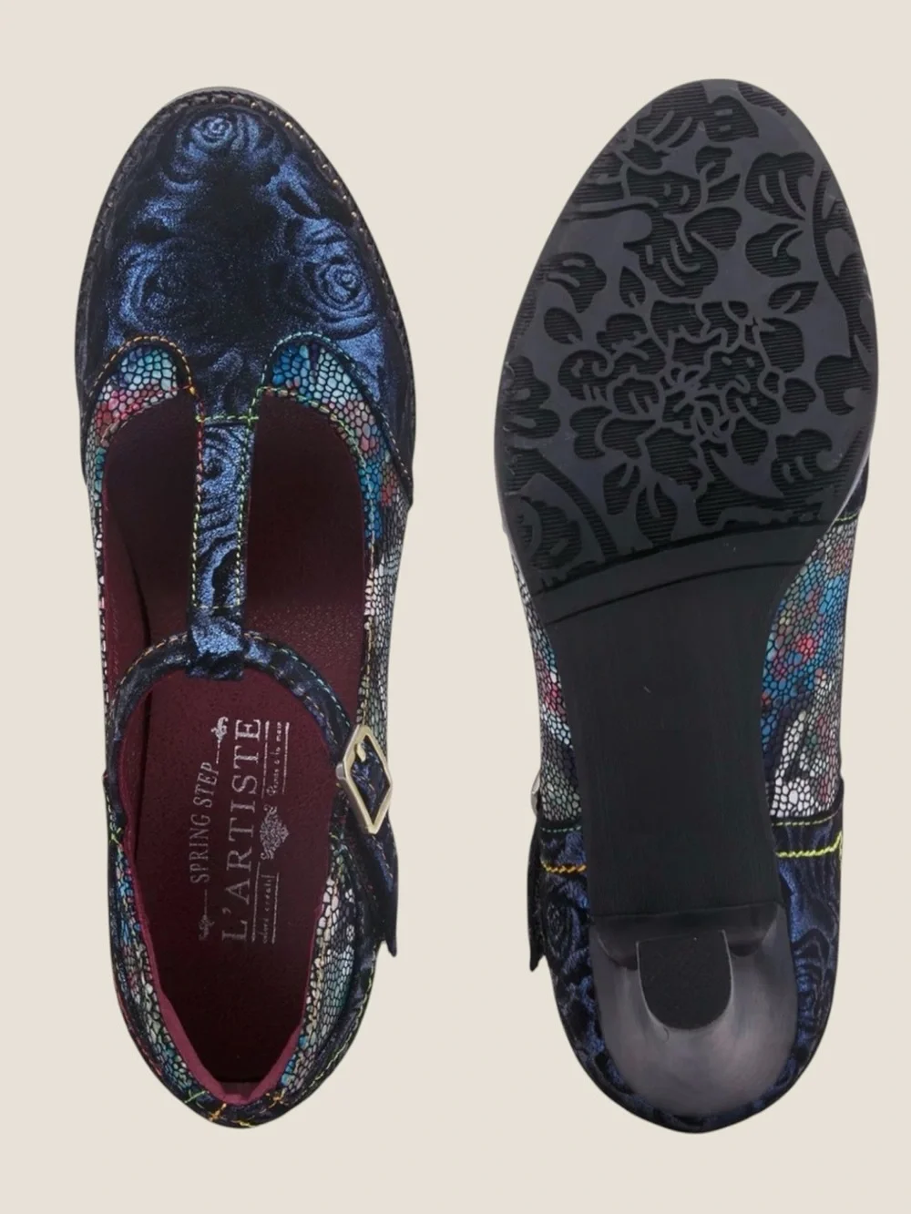 L'Artiste Mazie Navy Leather Floral Mosaic T-Bar Heels